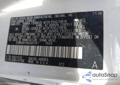 2006 Toyota Tundra Sr5 z USA, uszkodzony, nr VIN 5TBRU34146S481241